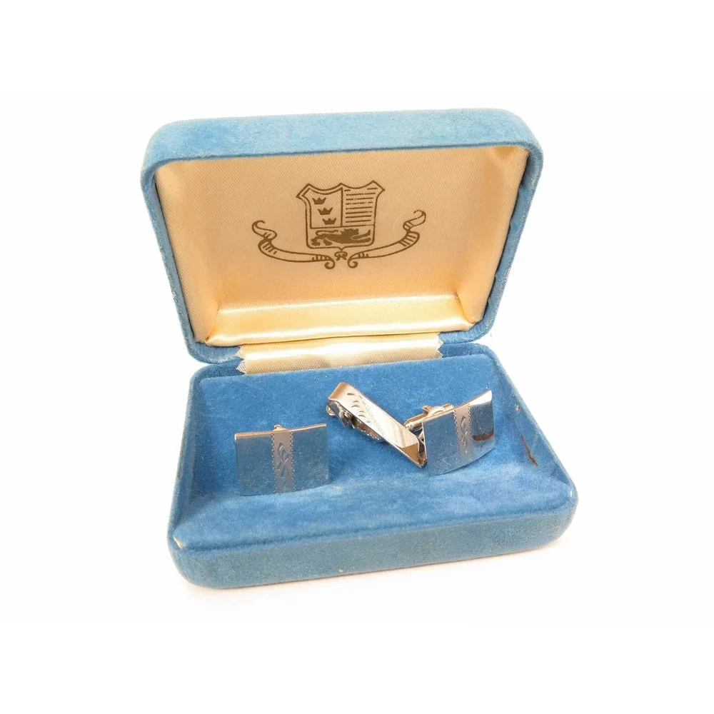 Vintage Sterling Silver Etched Cufflinks & Small Tie Clip Boxed Set*925 Hickok‎